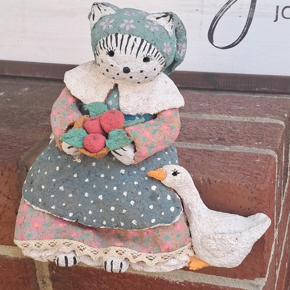 Handcrafted Cat Figurine with Goose